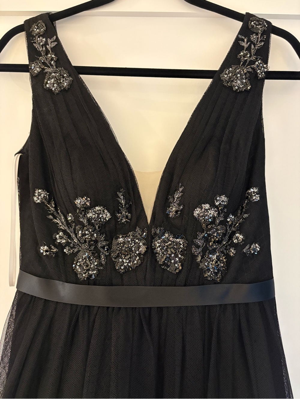 Black Embellished V-Neck Evening Dress by Marchesa Notte couture.